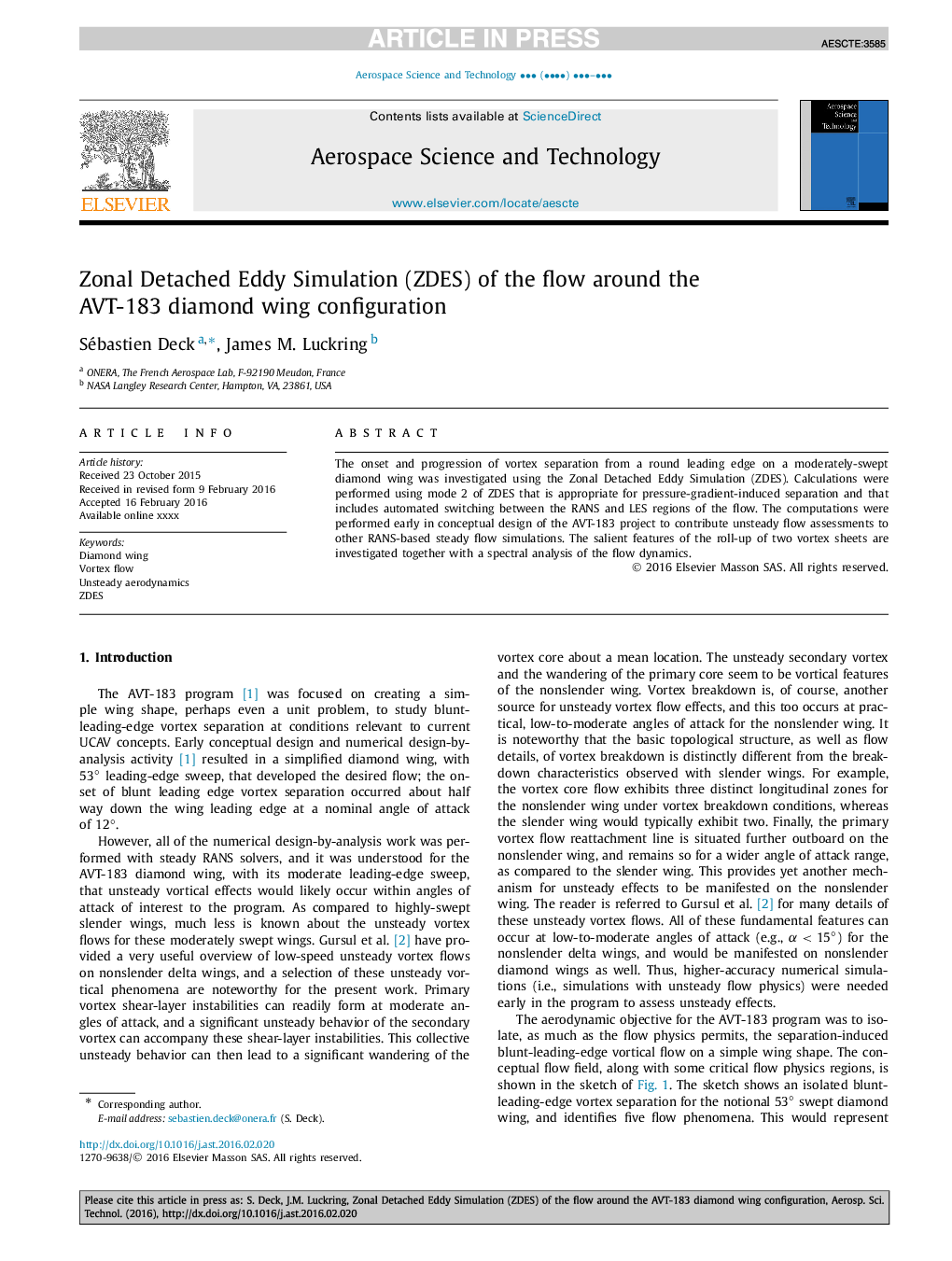 Zonal Detached Eddy Simulation (ZDES) of the flow around the AVT-183 diamond wing configuration