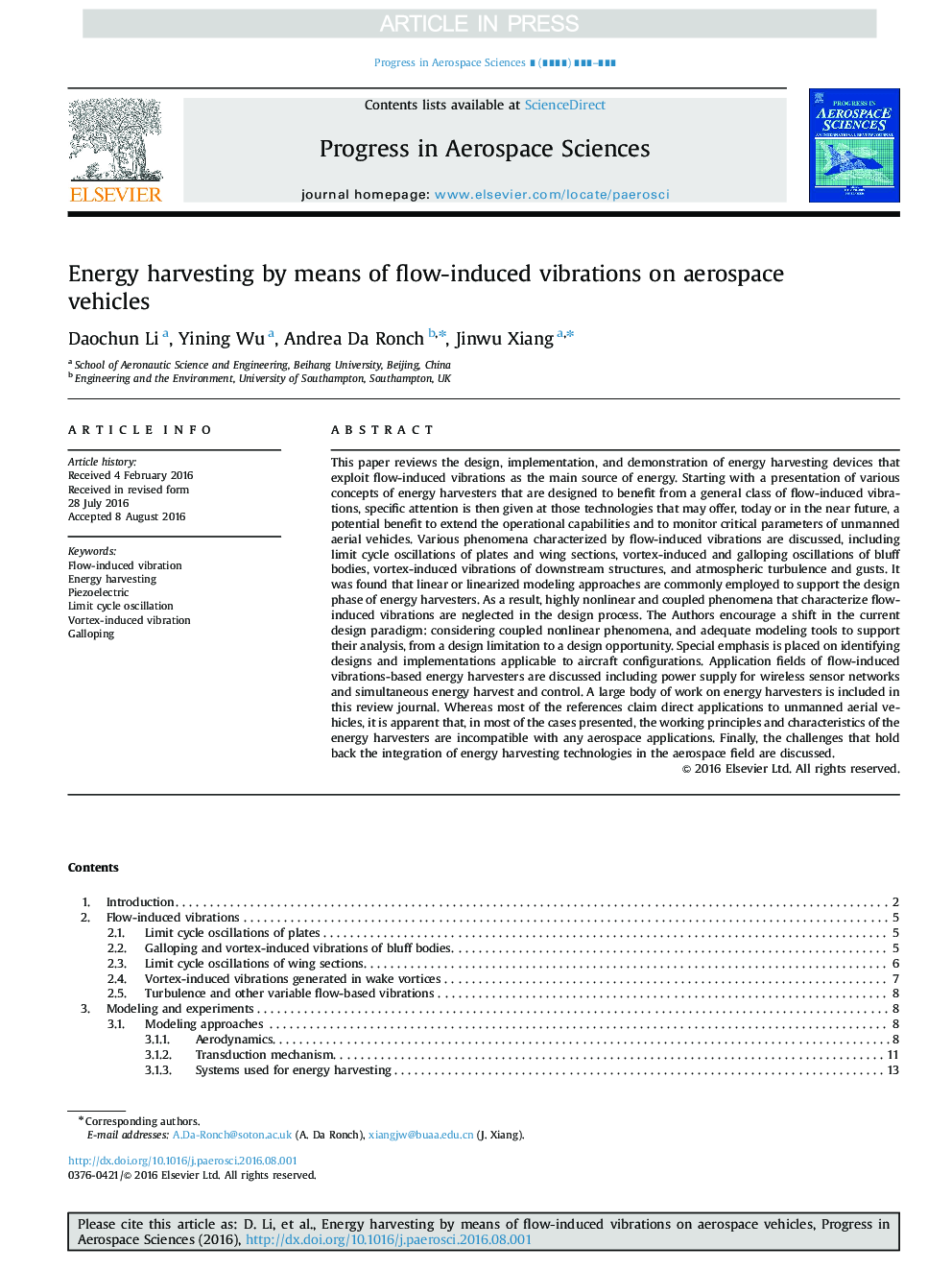 Energy harvesting by means of flow-induced vibrations on aerospace vehicles