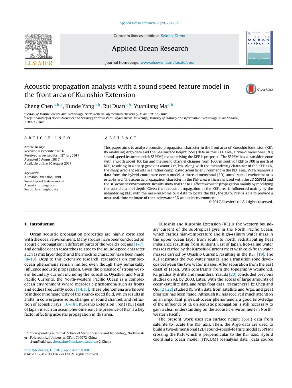 Acoustic propagation analysis with a sound speed feature model in the front area of Kuroshio Extension