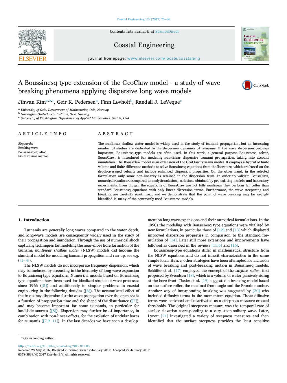 A Boussinesq type extension of the GeoClaw model - a study of wave breaking phenomena applying dispersive long wave models