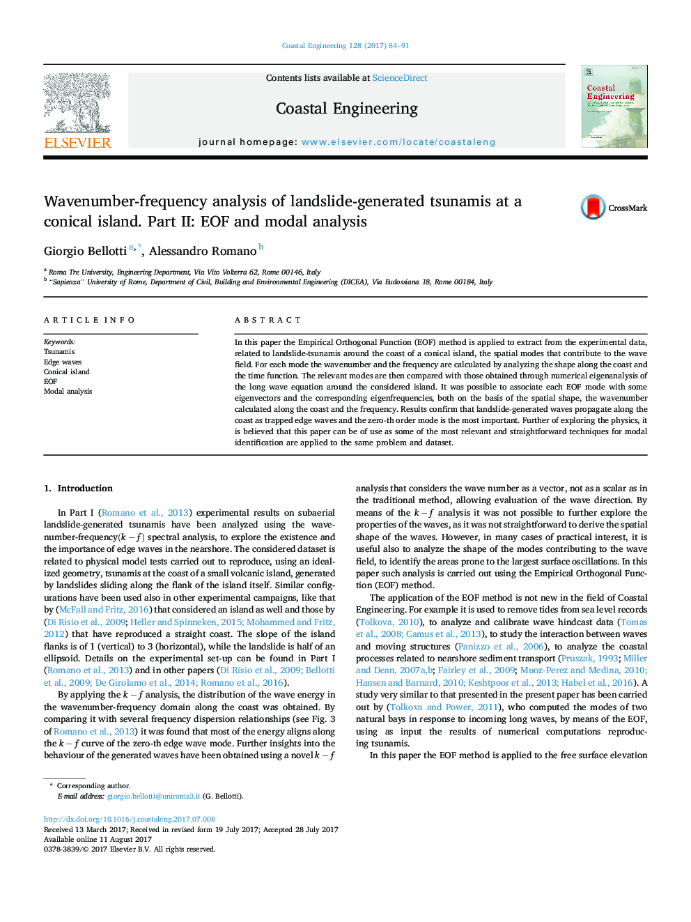 عکس صفحه اول مقاله: Wavenumber-frequency analysis of landslide-generated tsunamis at a conical island. Part II: EOF and modal analysis Wavenumber-frequency analysis of landslide-generated tsunamis at a conical island. Part II: EOF and modal analysis