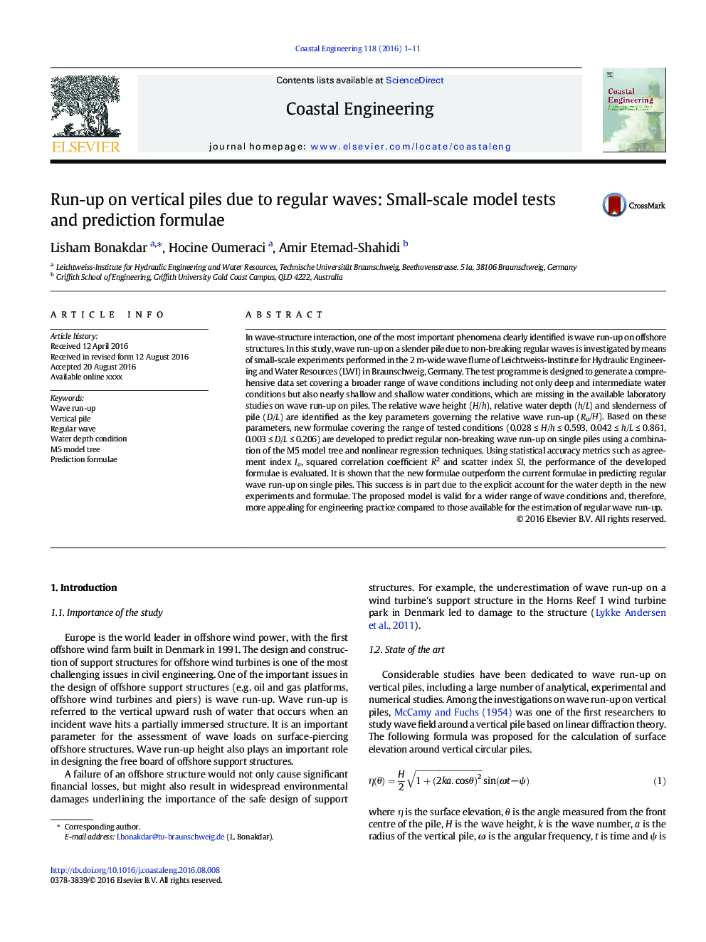 Run-up on vertical piles due to regular waves: Small-scale model tests and prediction formulae