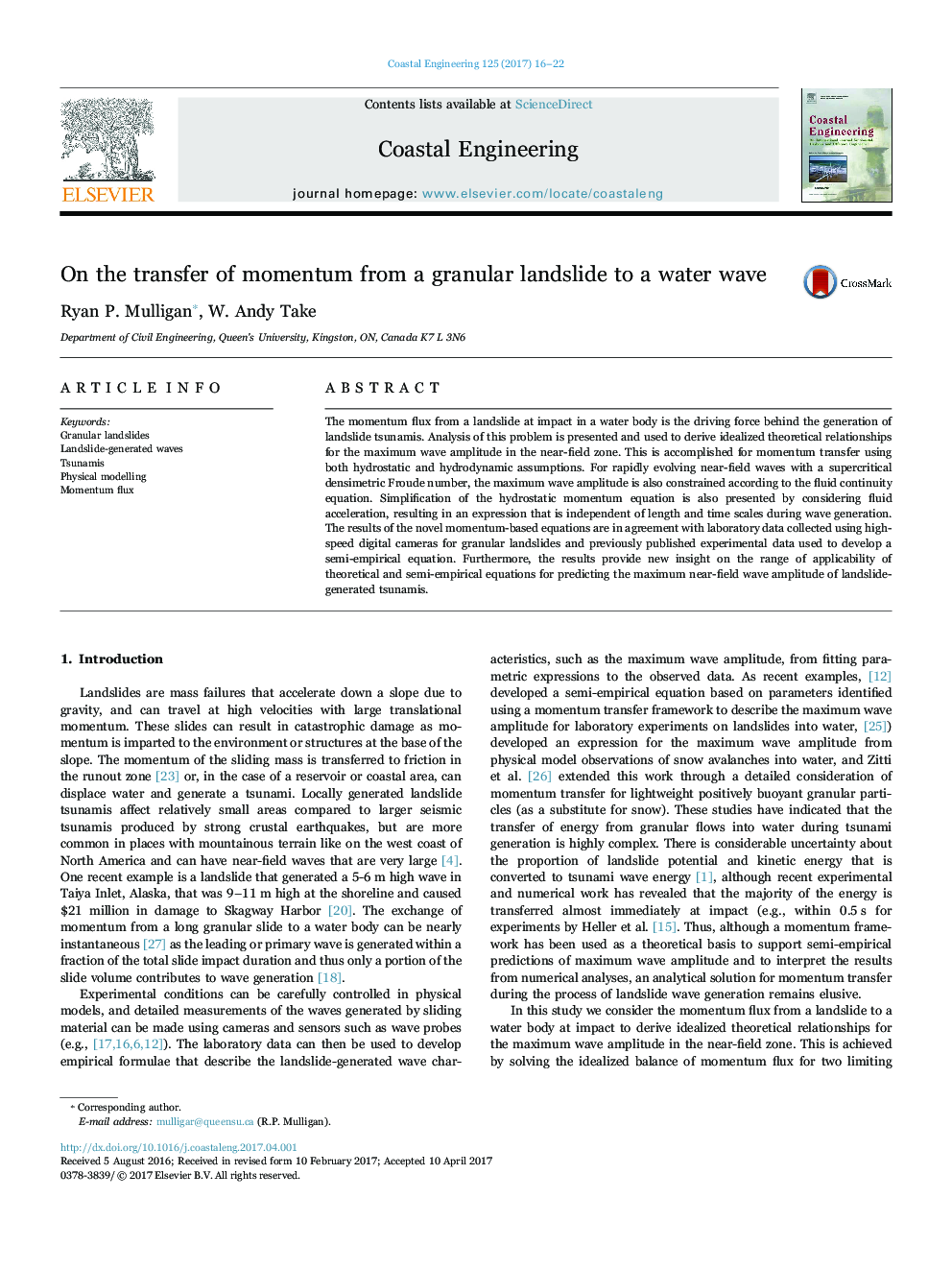 On the transfer of momentum from a granular landslide to a water wave