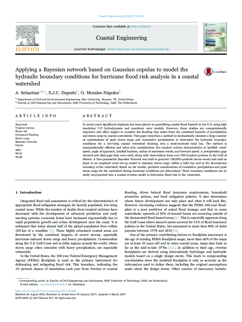 Applying a Bayesian network based on Gaussian copulas to model the hydraulic boundary conditions for hurricane flood risk analysis in a coastal watershed