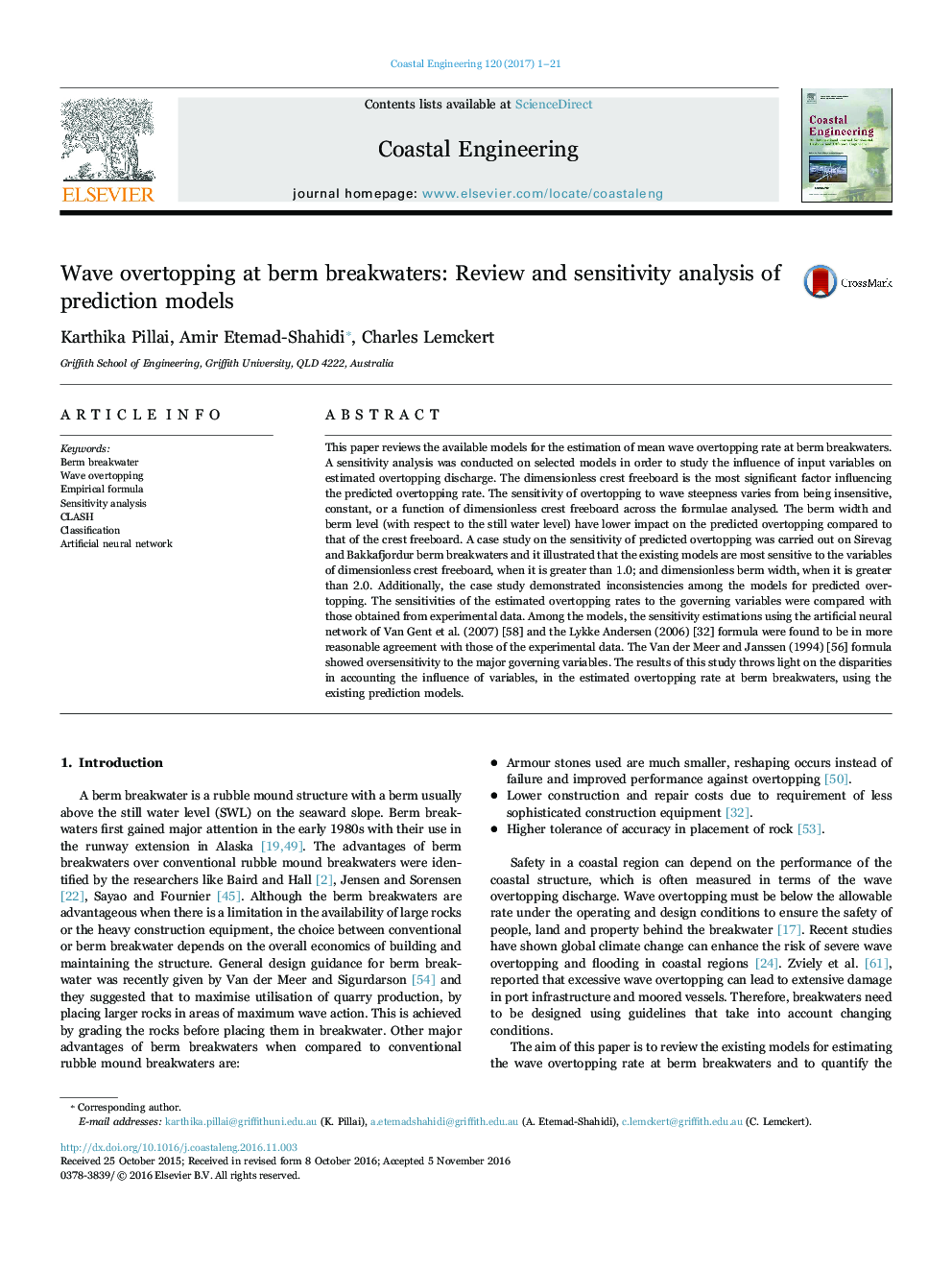 Wave overtopping at berm breakwaters: Review and sensitivity analysis of prediction models