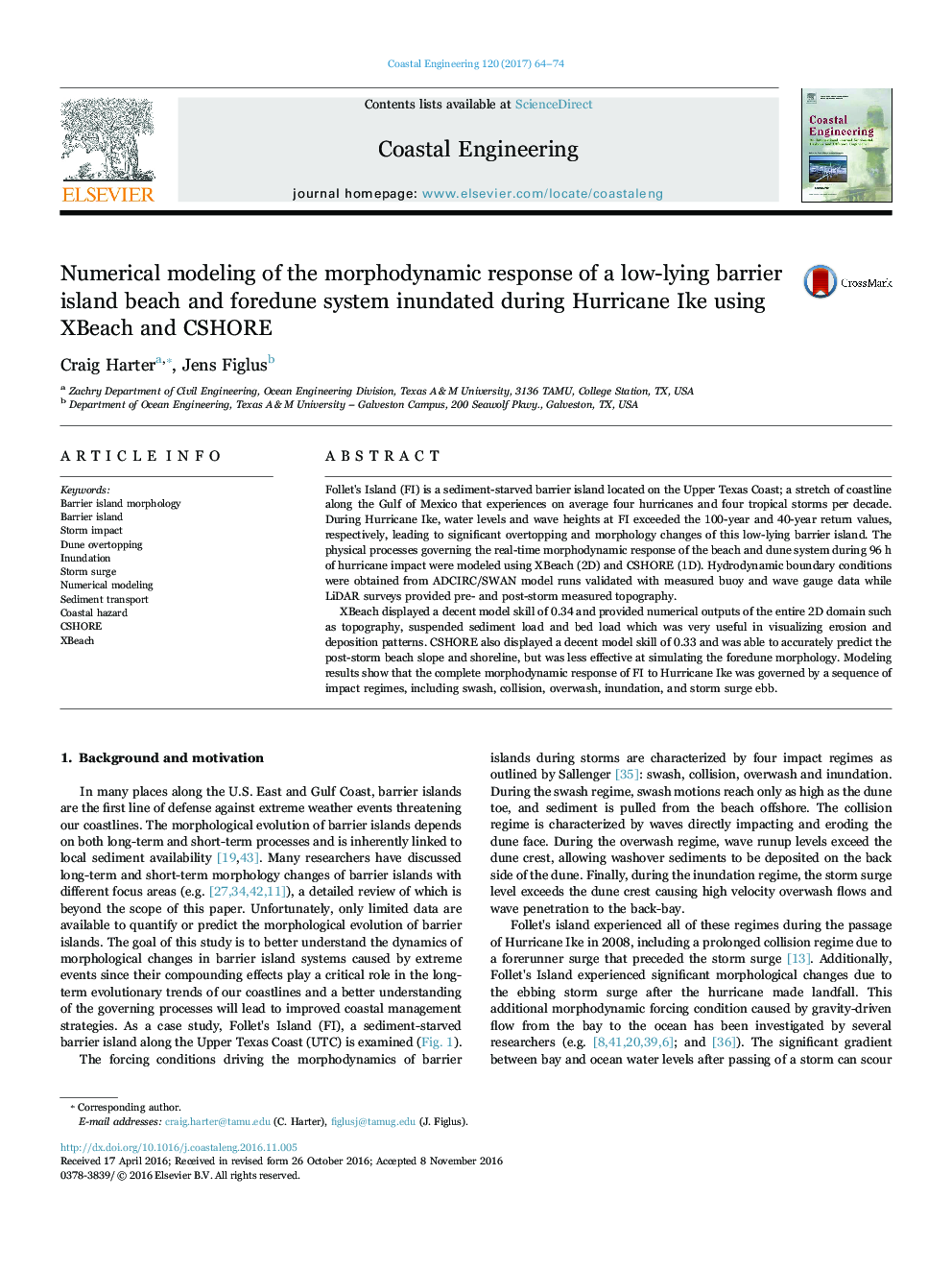 Numerical modeling of the morphodynamic response of a low-lying barrier island beach and foredune system inundated during Hurricane Ike using XBeach and CSHORE