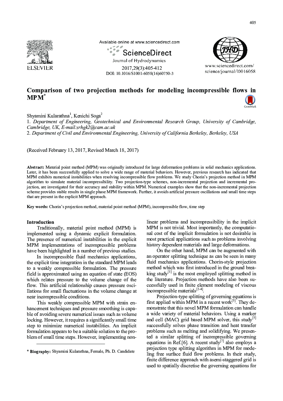 Comparison of two projection methods for modeling incompressible flows in MPM