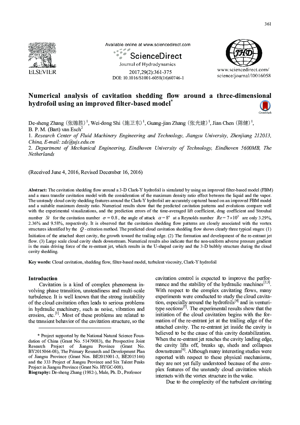 Numerical analysis of cavitation shedding flow around a three-dimensional hydrofoil using an improved filter-based model