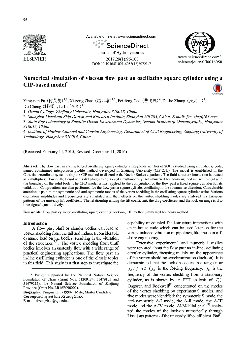 Numerical simulation of viscous flow past an oscillating square cylinder using a CIP-based model