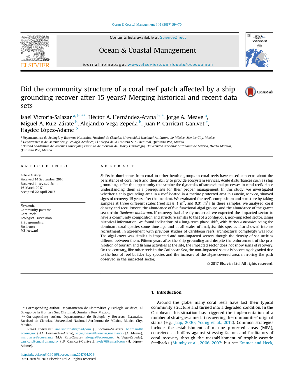 Did the community structure of a coral reef patch affected by a ship grounding recover after 15 years? Merging historical and recent data sets