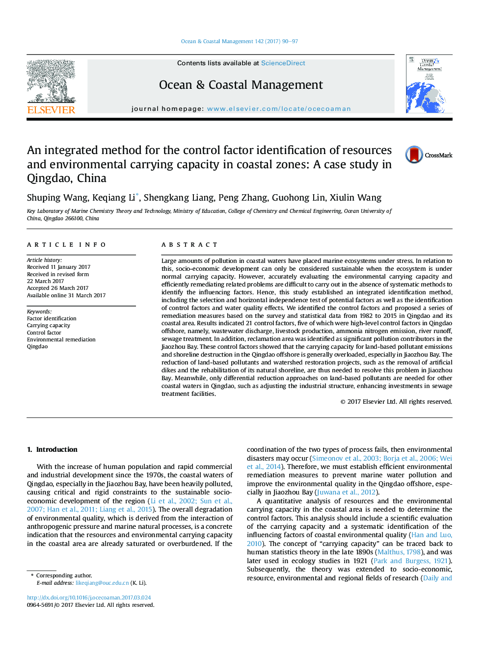 An integrated method for the control factor identification of resources and environmental carrying capacity in coastal zones: A case study in Qingdao, China