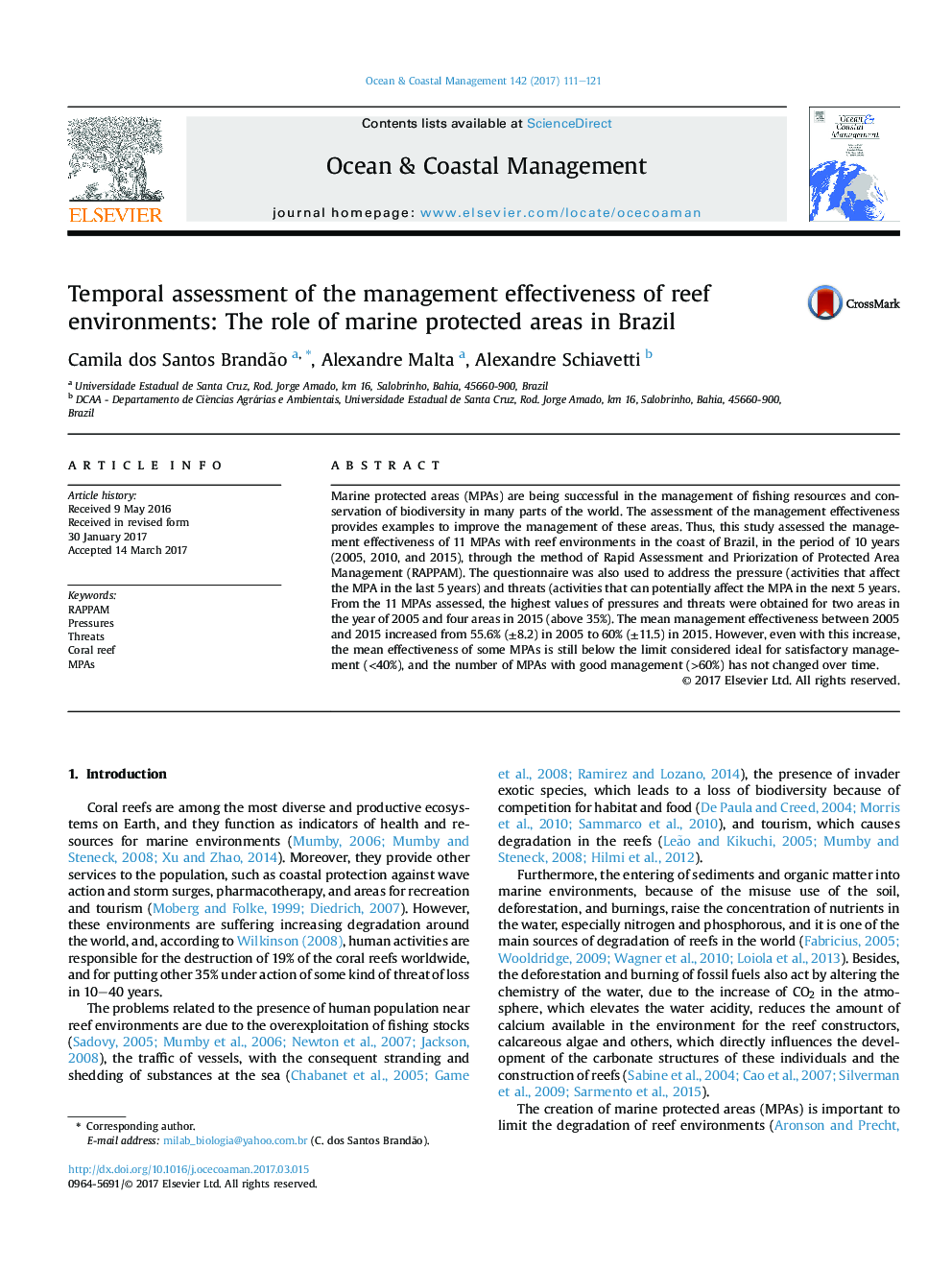 ارزیابی موقتی از اثرات مدیریت محیط های مرجانی: نقش حوزه های حفاظت شده دریایی در برزیل 