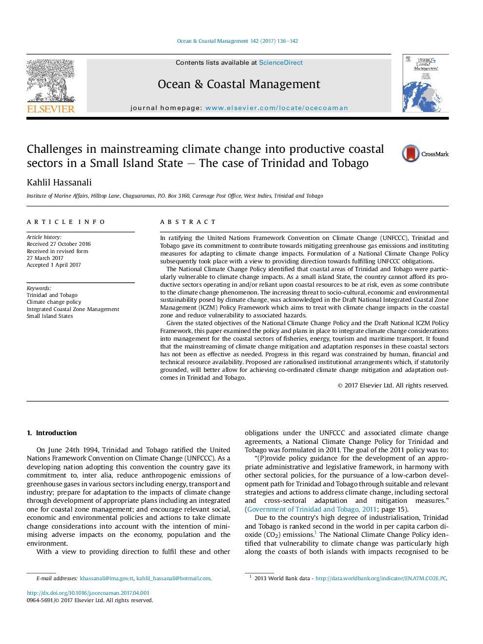 Challenges in mainstreaming climate change into productive coastal sectors in a Small Island State - The case of Trinidad and Tobago