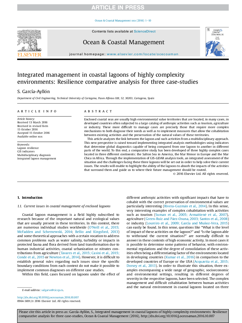 Integrated management in coastal lagoons of highly complexity environments: Resilience comparative analysis for three case-studies