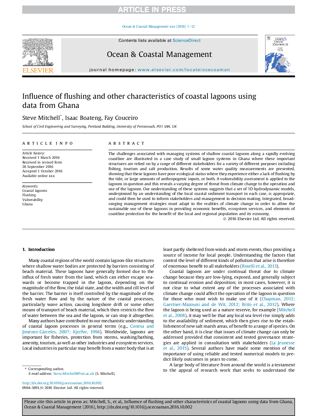 Influence of flushing and other characteristics of coastal lagoons using data from Ghana