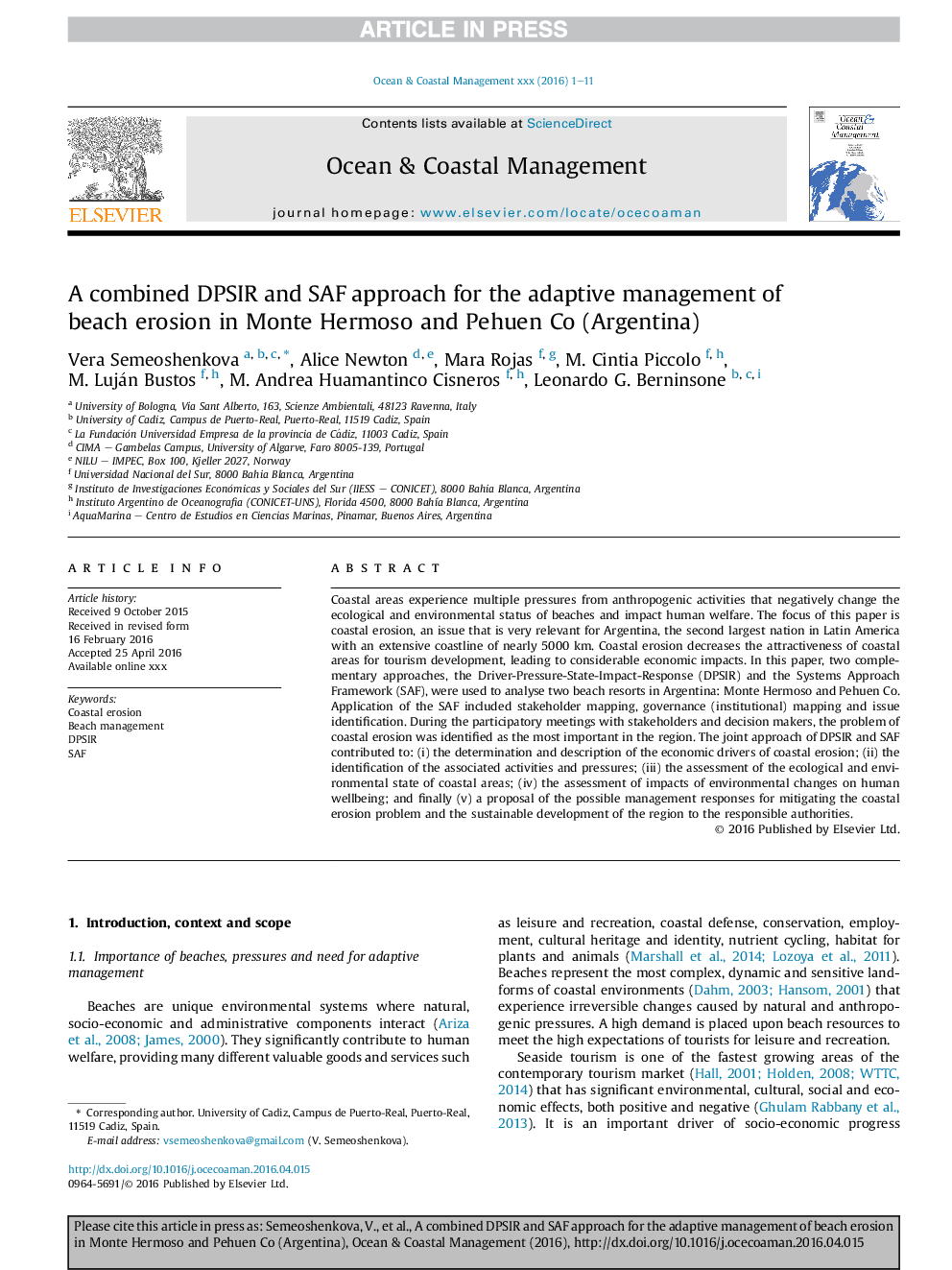 A combined DPSIR and SAF approach for the adaptive management of beach erosion in Monte Hermoso and Pehuen Co (Argentina)