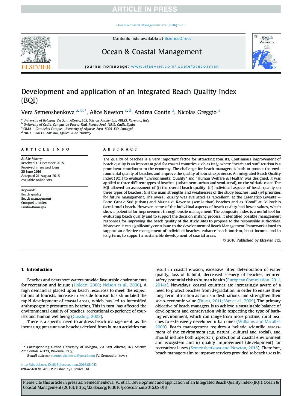 Development and application of an Integrated Beach Quality Index (BQI)