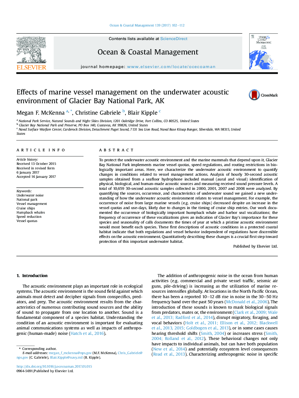 Effects of marine vessel management on the underwater acoustic environment of Glacier Bay National Park, AK