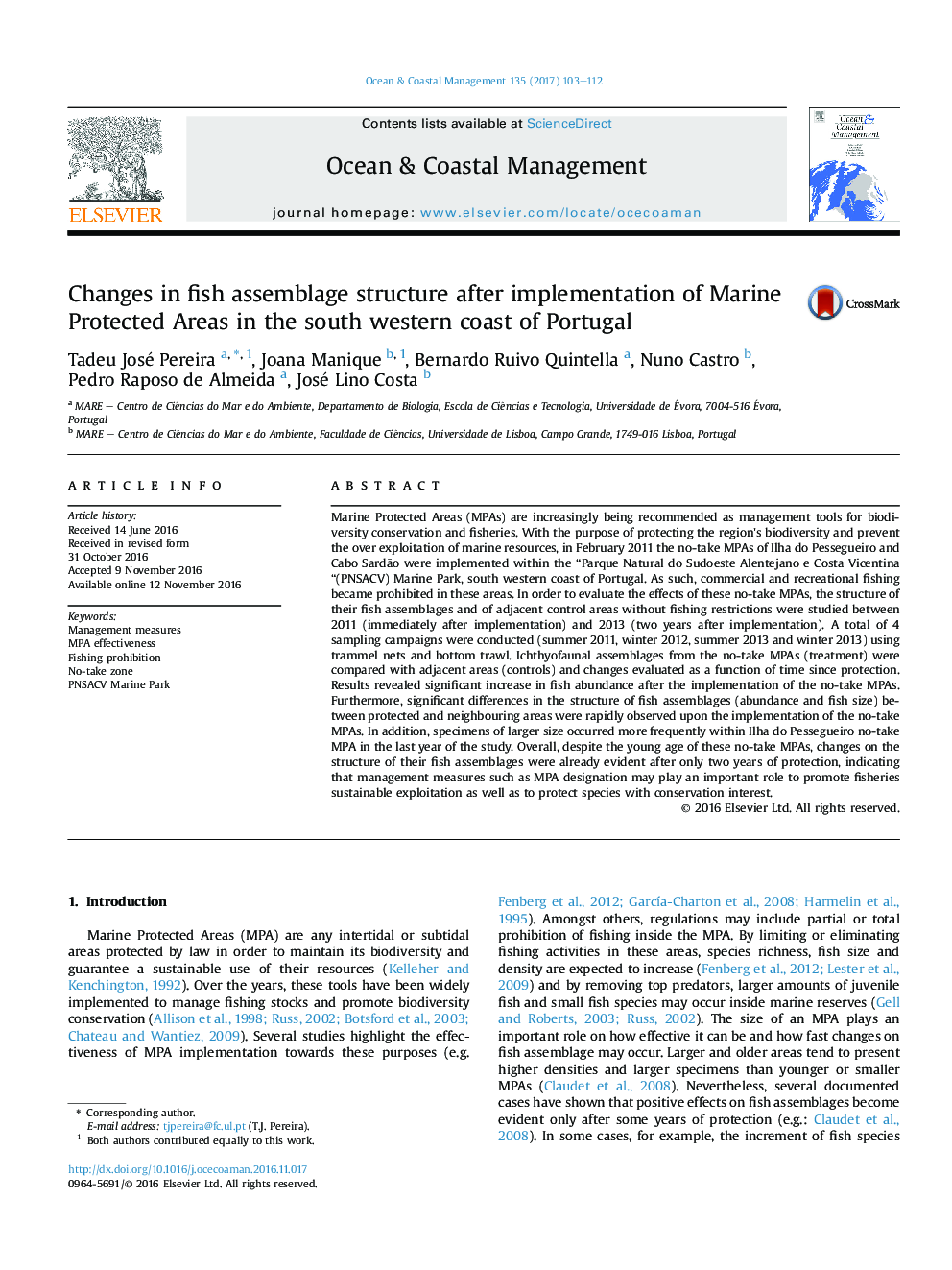 تغییرات ساختار مونتاژ ماهی پس از اجرای مناطق حفاظت شده دریایی در ساحل جنوبی جنوب پرتغال 