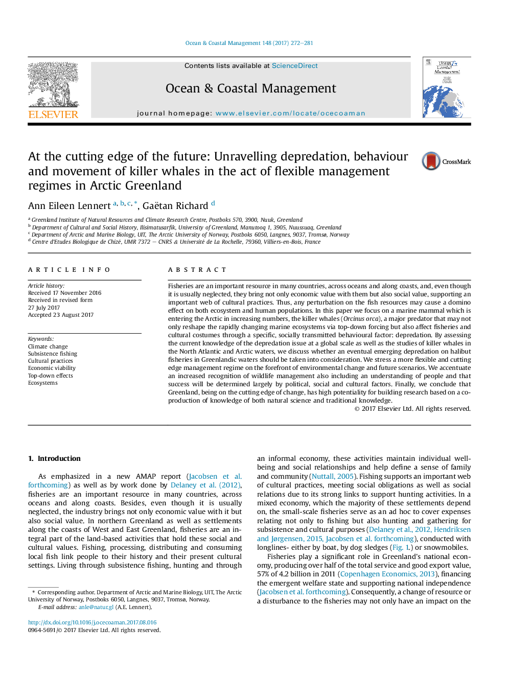 At the cutting edge of the future: Unravelling depredation, behaviour and movement of killer whales in the act of flexible management regimes in Arctic Greenland