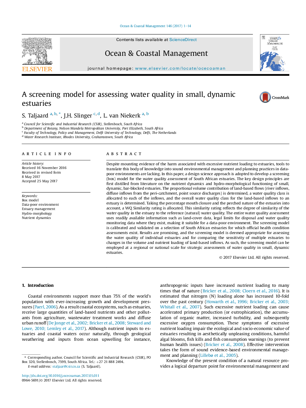 A screening model for assessing water quality in small, dynamic estuaries