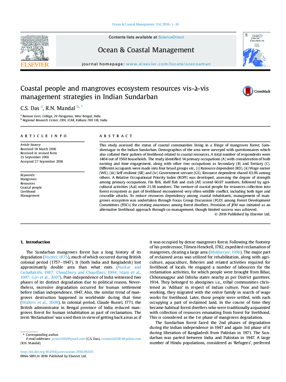 Coastal people and mangroves ecosystem resources vis-Ã -vis management strategies in Indian Sundarban