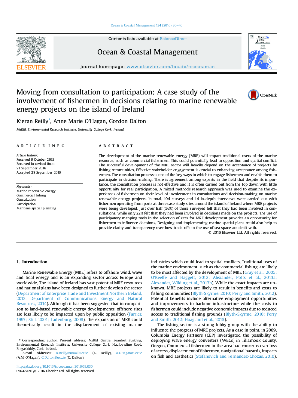 Moving from consultation to participation: A case study of the involvement of fishermen in decisions relating to marine renewable energy projects on the island of Ireland