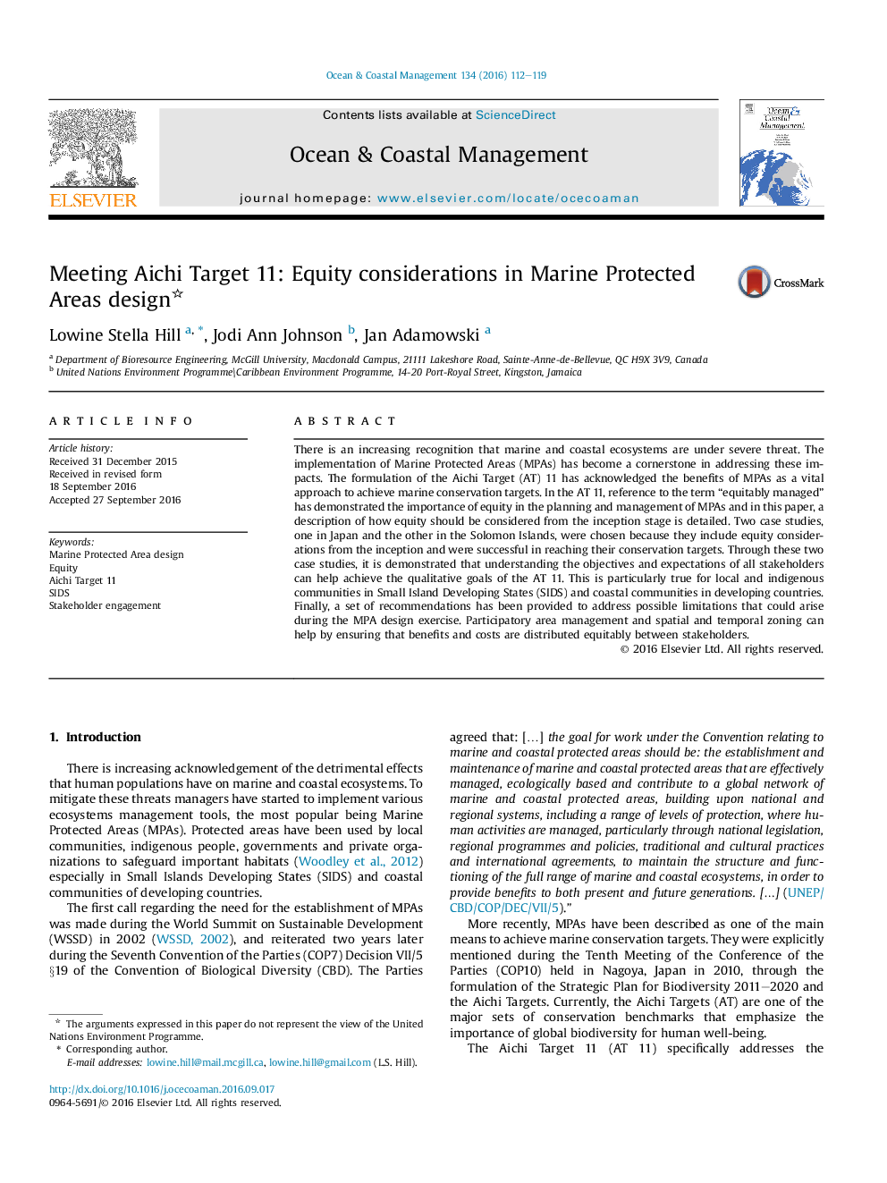 Meeting Aichi Target 11: Equity considerations in Marine Protected Areas design