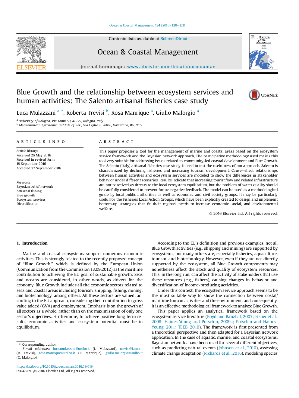 Blue Growth and the relationship between ecosystem services and human activities: The Salento artisanal fisheries case study