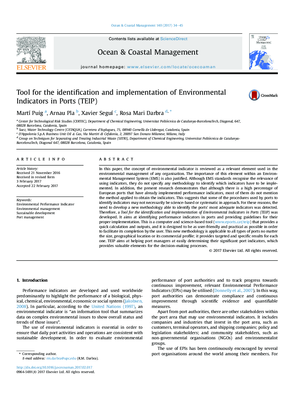 Tool for the identification and implementation of Environmental Indicators in Ports (TEIP)