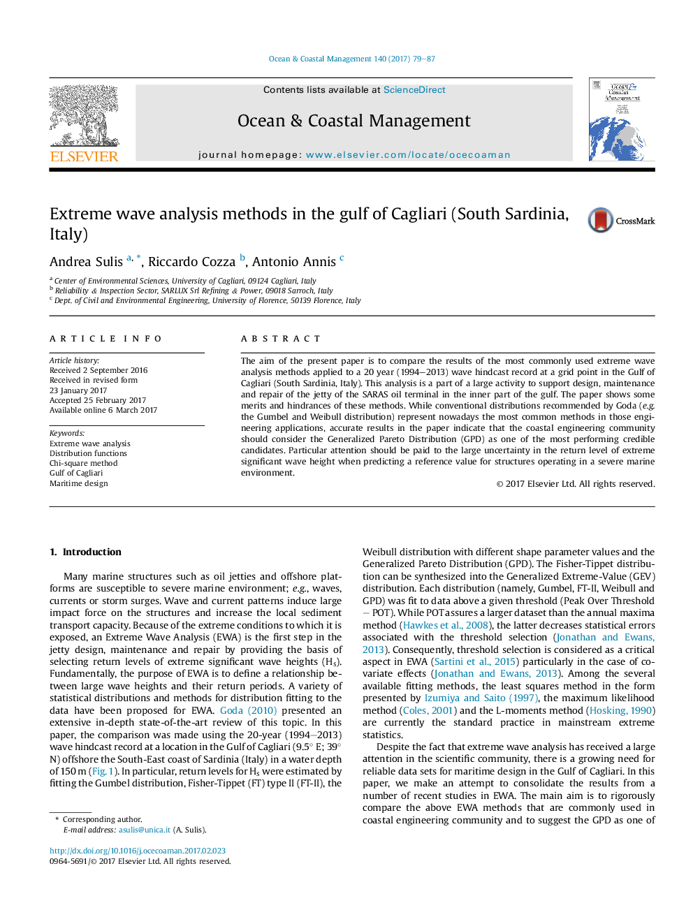 Extreme wave analysis methods in the gulf of Cagliari (South Sardinia, Italy)