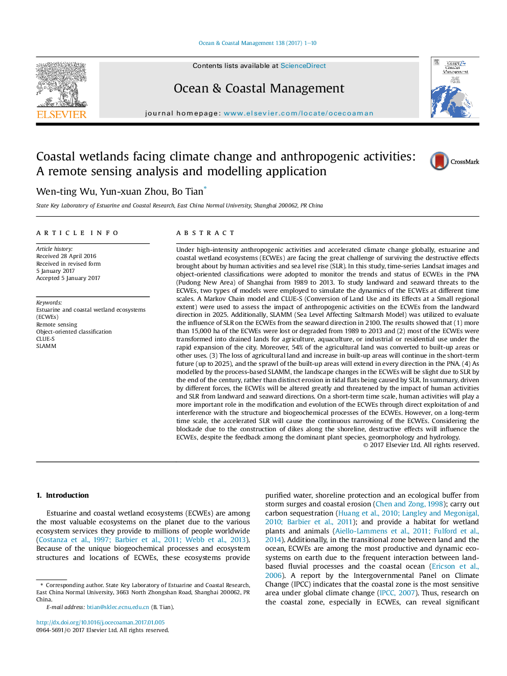 Coastal wetlands facing climate change and anthropogenic activities: A remote sensing analysis and modelling application