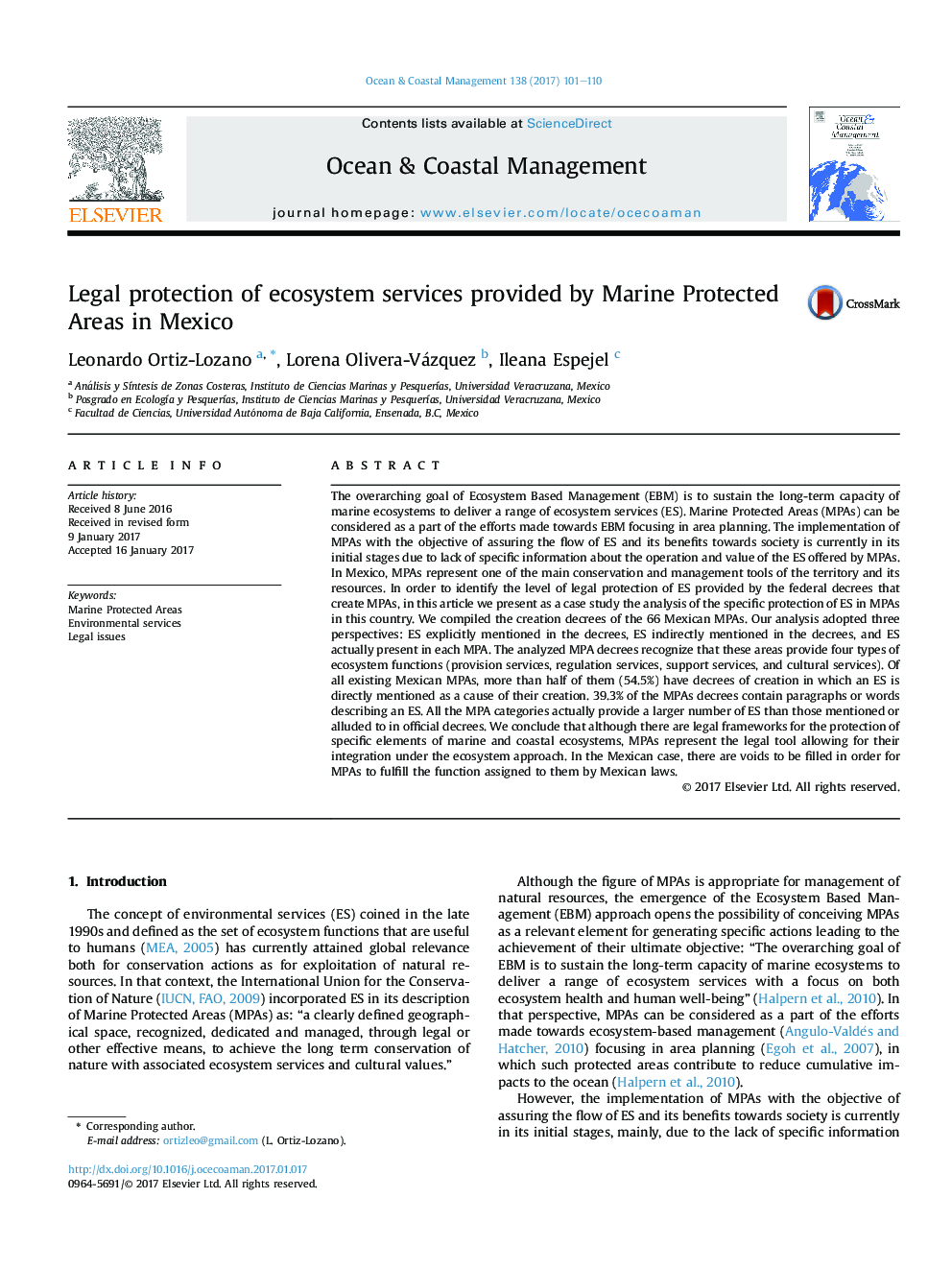 Legal protection of ecosystem services provided by Marine Protected Areas in Mexico