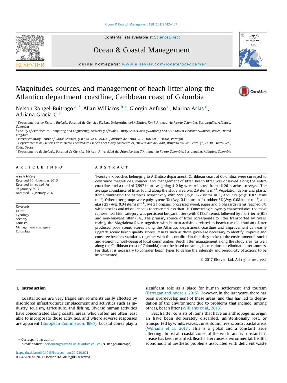 Magnitudes, sources, and management of beach litter along the Atlantico department coastline, Caribbean coast of Colombia