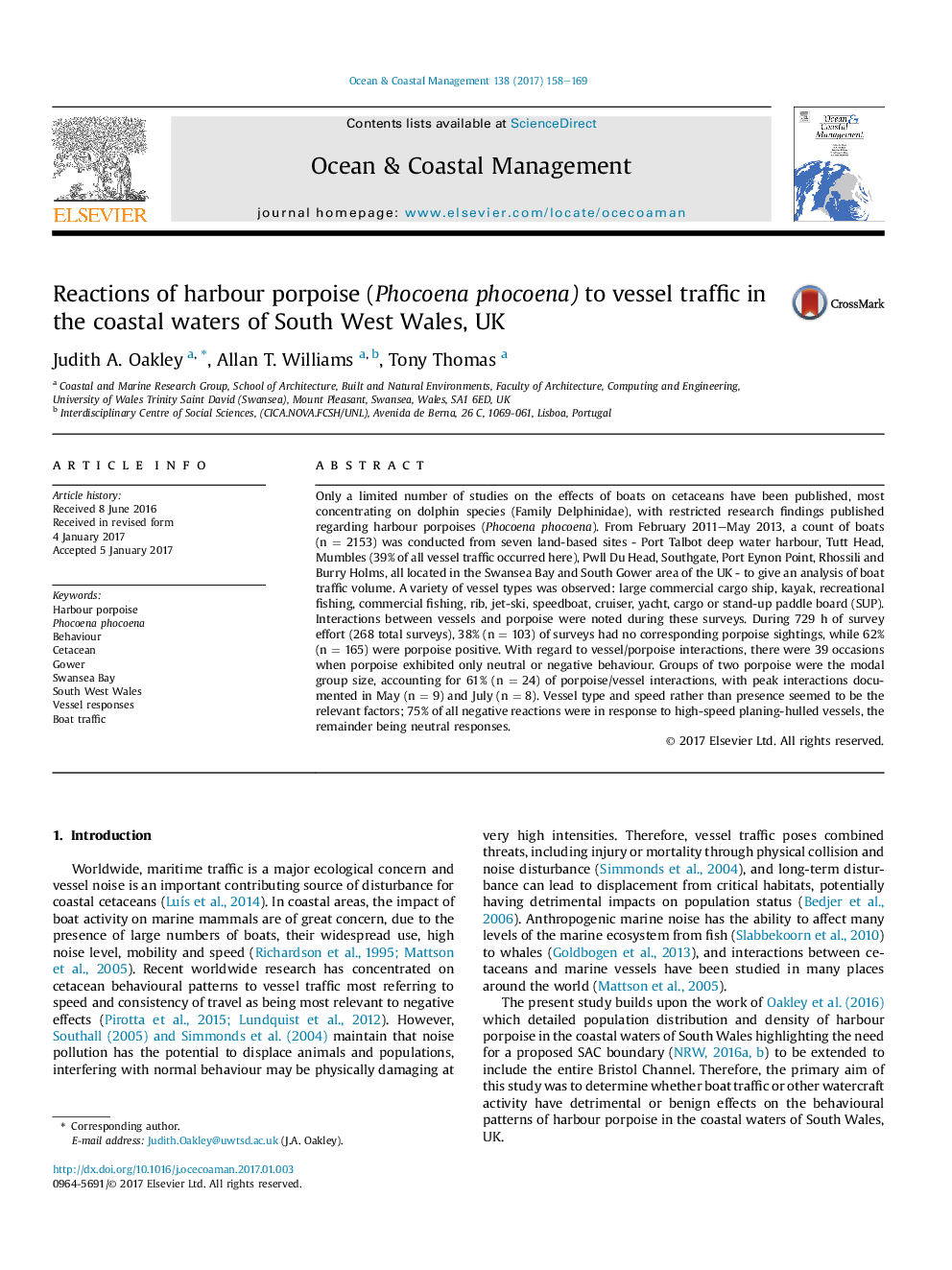 عکس صفحه اول مقاله: Reactions of harbour porpoise (Phocoena phocoena) to vessel traffic in the coastal waters of South West Wales, UK Reactions of harbour porpoise (Phocoena phocoena) to vessel traffic in the coastal waters of South West Wales, UK