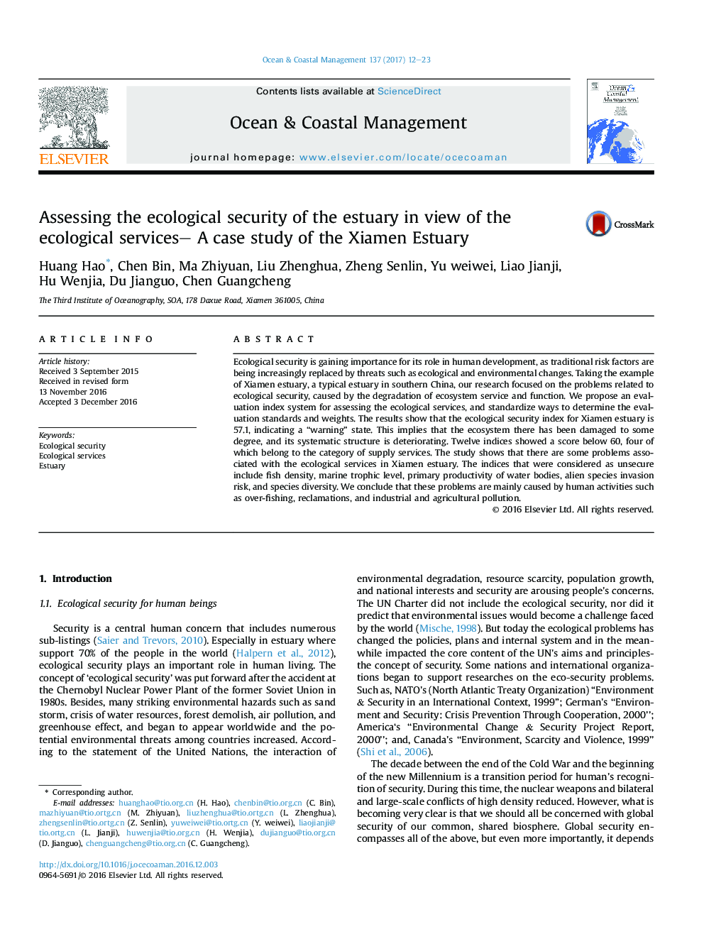 Assessing the ecological security of the estuary in view of the ecological services- A case study of the Xiamen Estuary