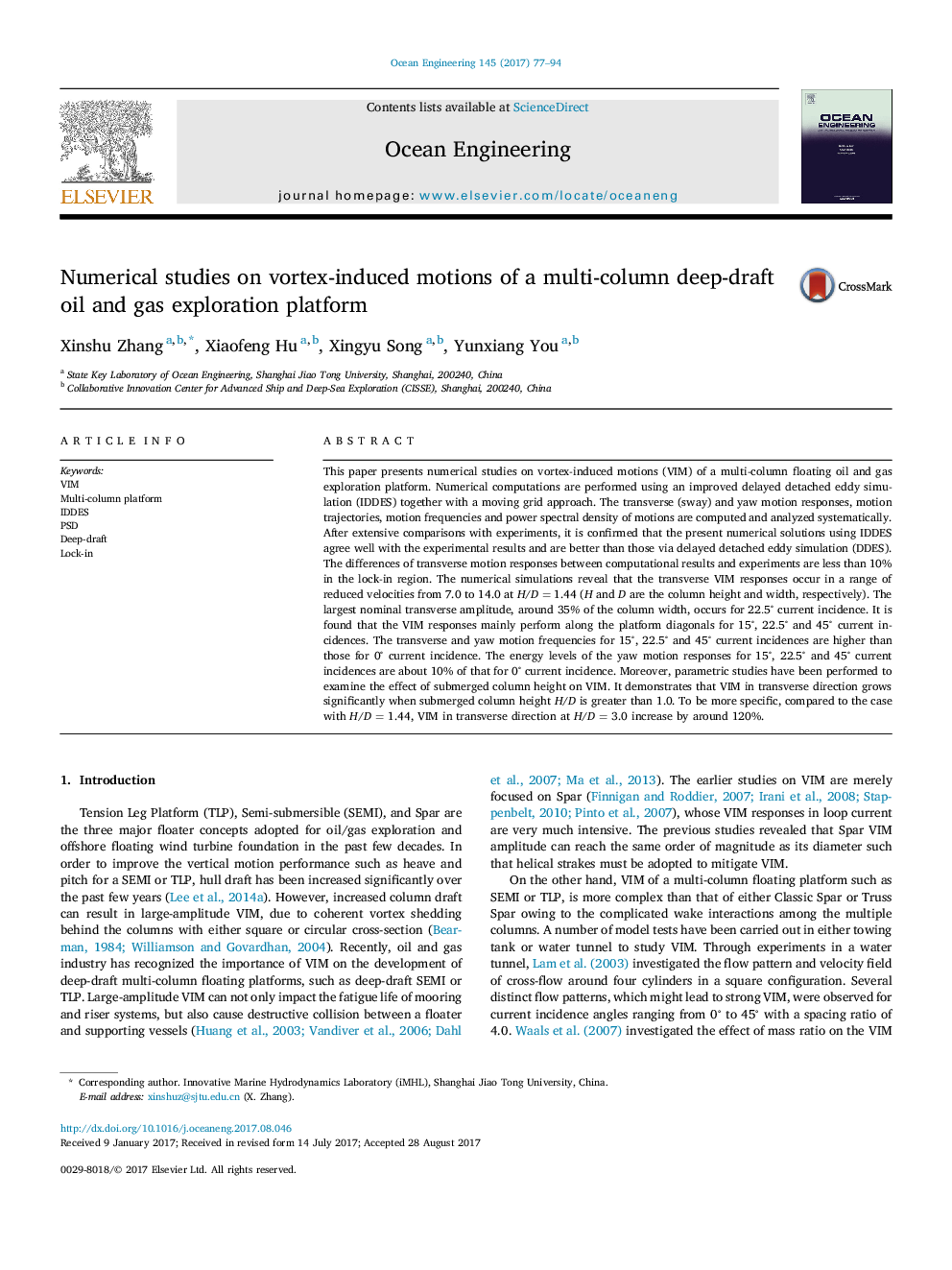 Numerical studies on vortex-induced motions of a multi-column deep-draft oil and gas exploration platform