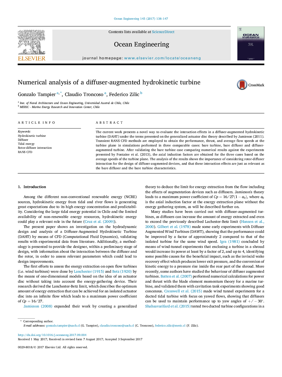 Numerical analysis of a diffuser-augmented hydrokinetic turbine