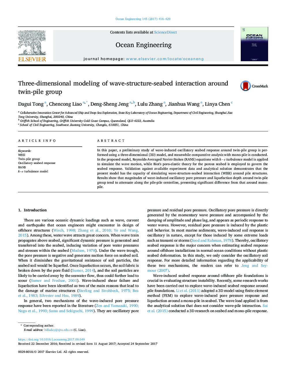 Three-dimensional modeling of wave-structure-seabed interaction around twin-pile group