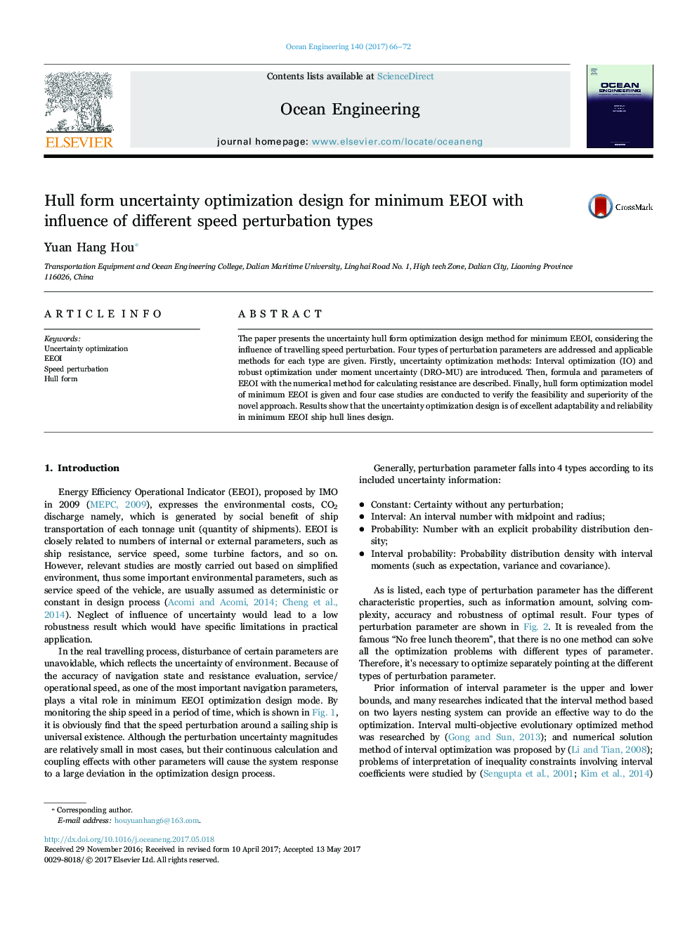 Hull form uncertainty optimization design for minimum EEOI with influence of different speed perturbation types