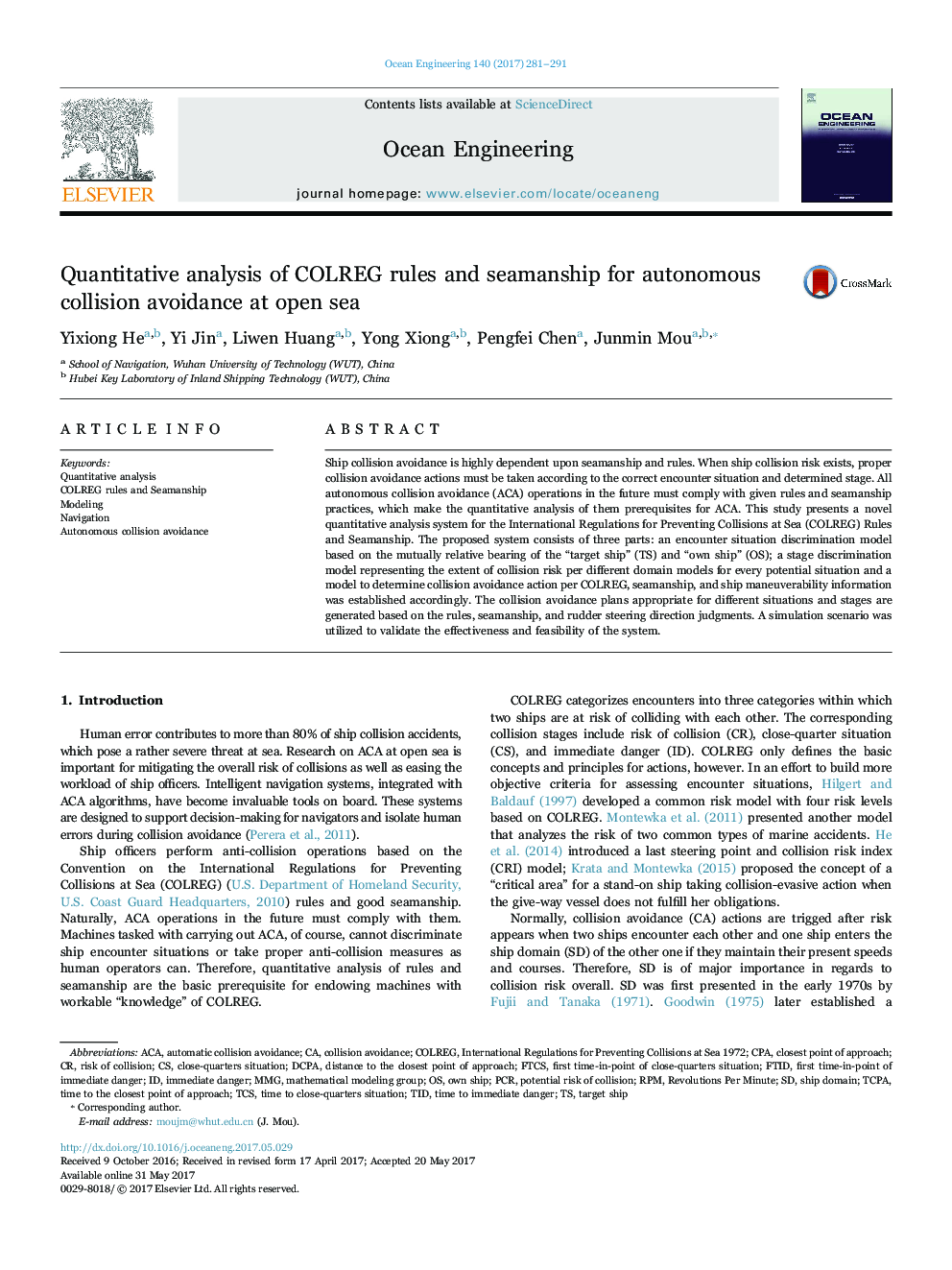 Quantitative analysis of COLREG rules and seamanship for autonomous collision avoidance at open sea