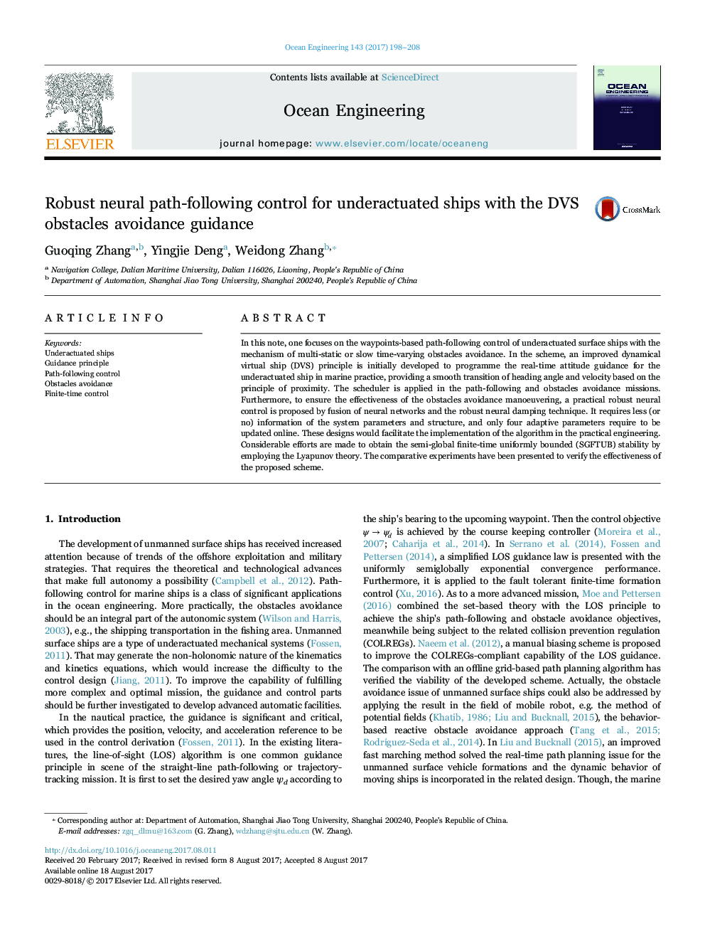 Robust neural path-following control for underactuated ships with the DVS obstacles avoidance guidance