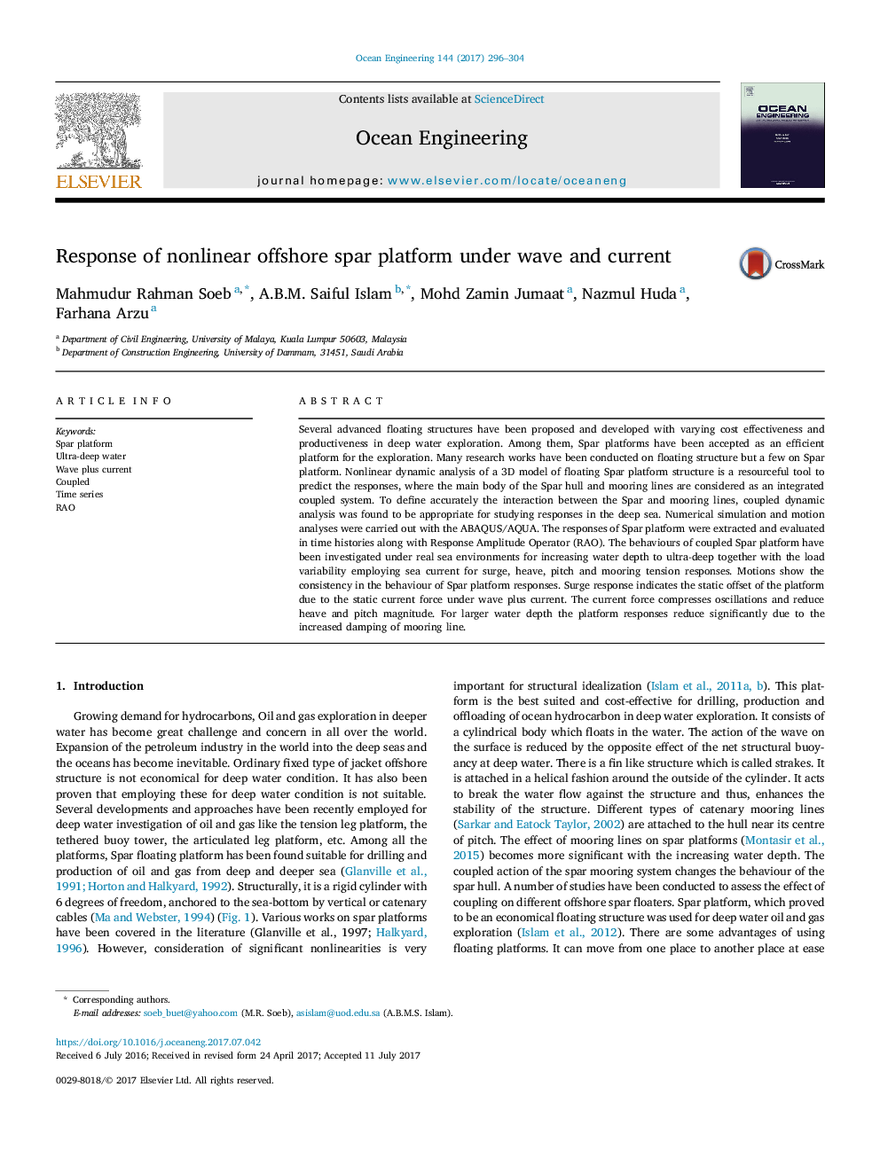 Response of nonlinear offshore spar platform under wave and current