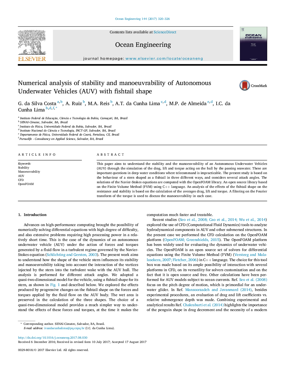 Numerical analysis of stability and manoeuvrability of Autonomous Underwater Vehicles (AUV) with fishtail shape