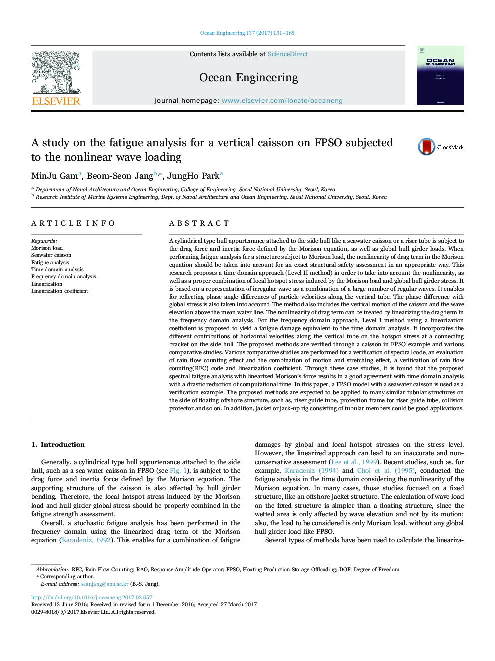 A study on the fatigue analysis for a vertical caisson on FPSO subjected to the nonlinear wave loading