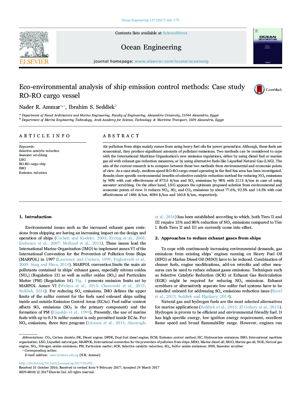 Eco-environmental analysis of ship emission control methods: Case study RO-RO cargo vessel