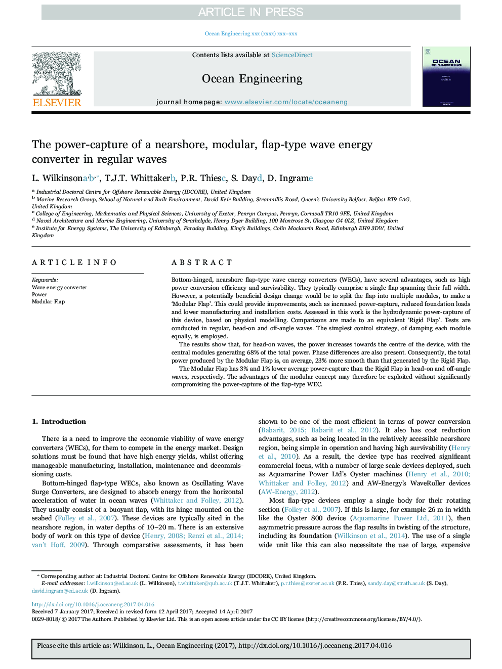 The power-capture of a nearshore, modular, flap-type wave energy converter in regular waves