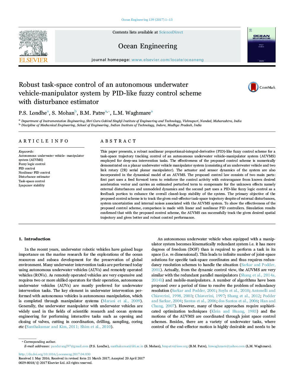 عکس صفحه اول مقاله: Robust task-space control of an autonomous underwater vehicle-manipulator system by PID-like fuzzy control scheme with disturbance estimator Robust task-space control of an autonomous underwater vehicle-manipulator system by PID-like fuzzy control scheme with disturbance estimator