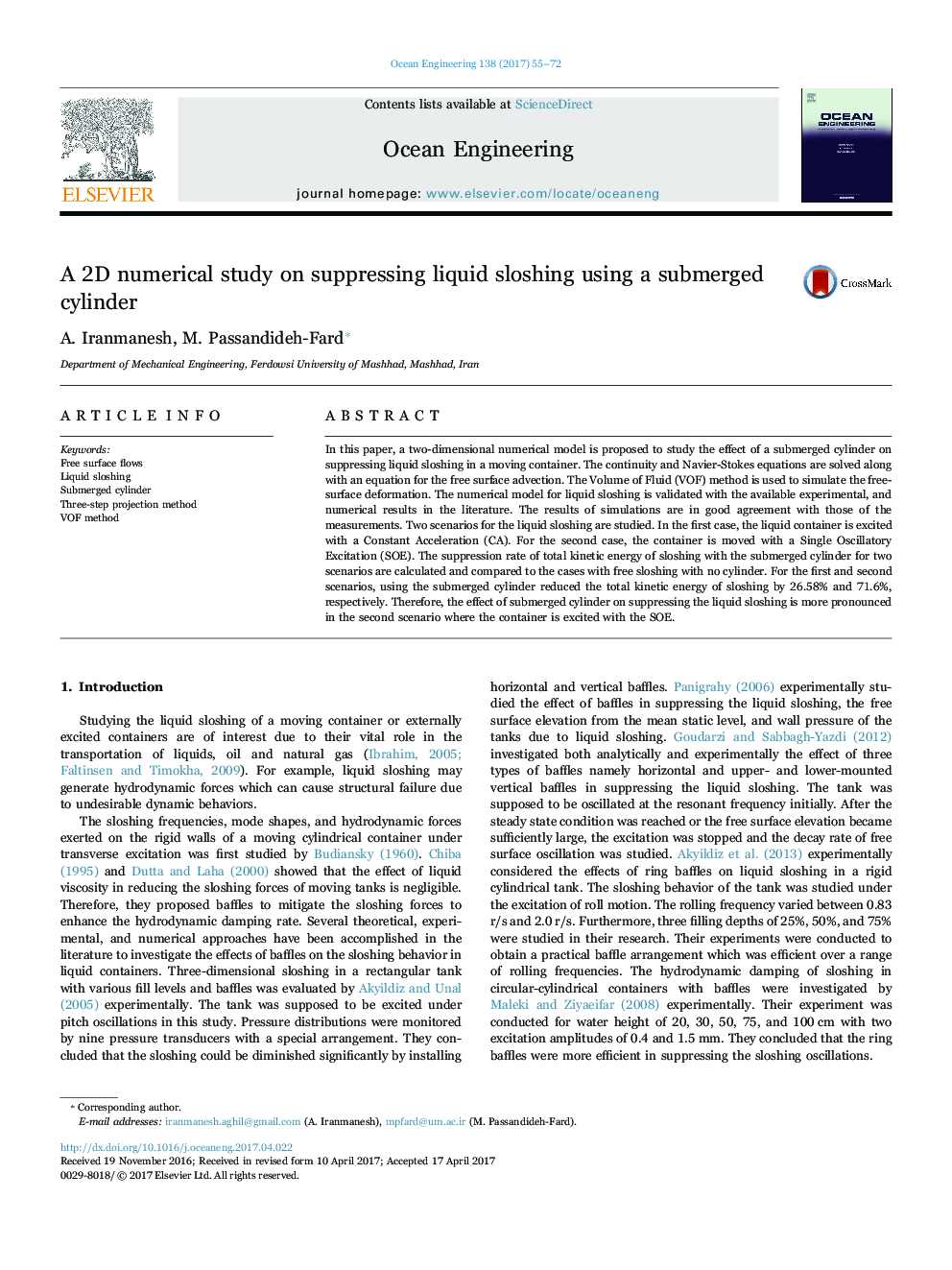 A 2D numerical study on suppressing liquid sloshing using a submerged cylinder