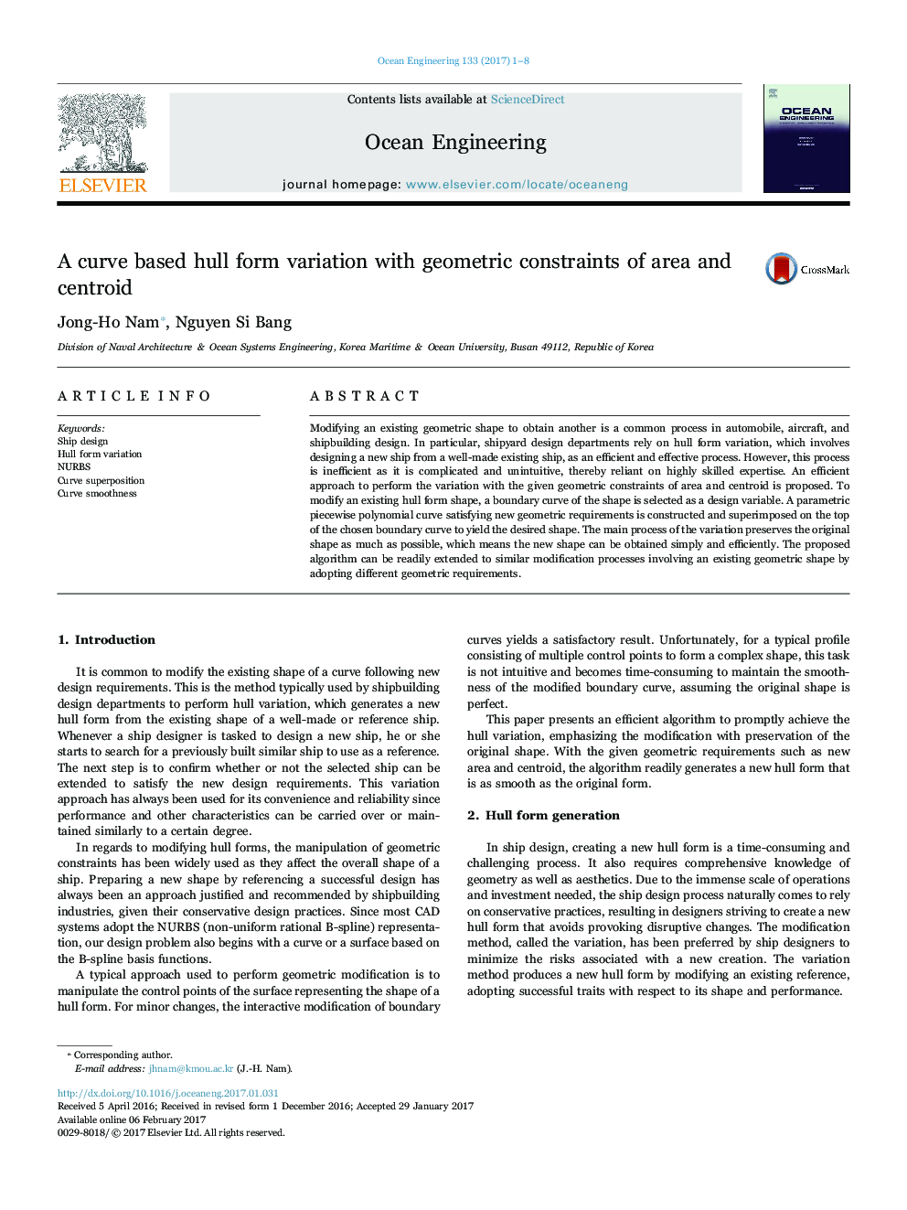 A curve based hull form variation with geometric constraints of area and centroid